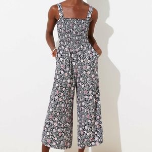 LOFT smocked top wide leg floral Sleeveless jumpsuit, xs, blue